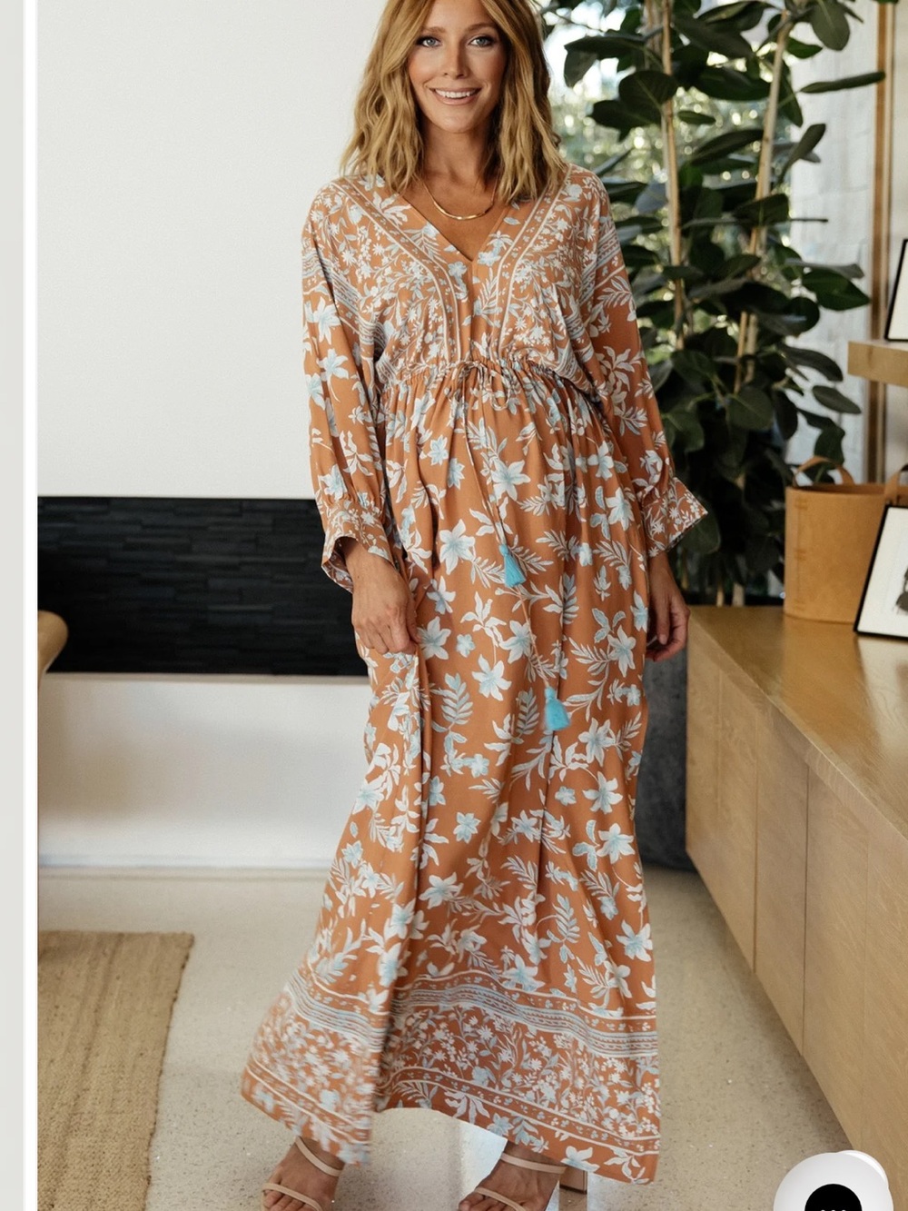 Baltic Born Rust Floral Maxi Dress with Light Blue Accents